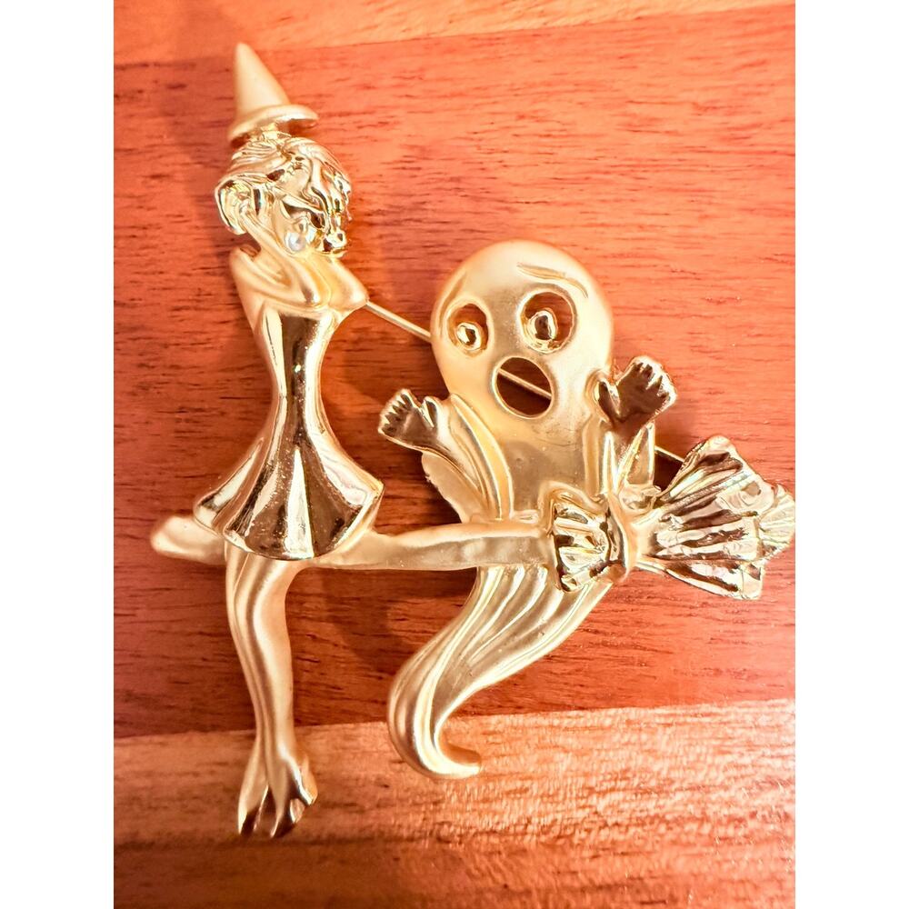 Halloween Ghost and Girl on Broom Gold Tone Brooch